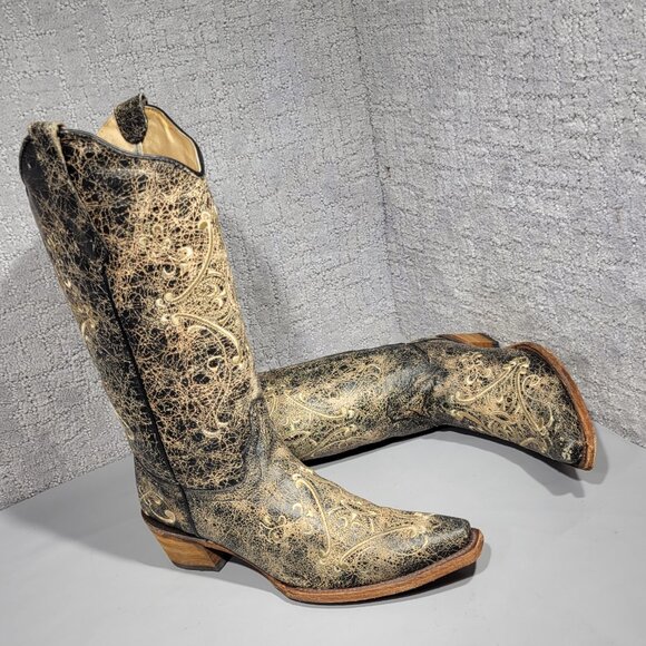 Corral Circle G Women's Size 7W US Black Crackle/Bone Embroidery Boots L5048 - Picture 8 of 11